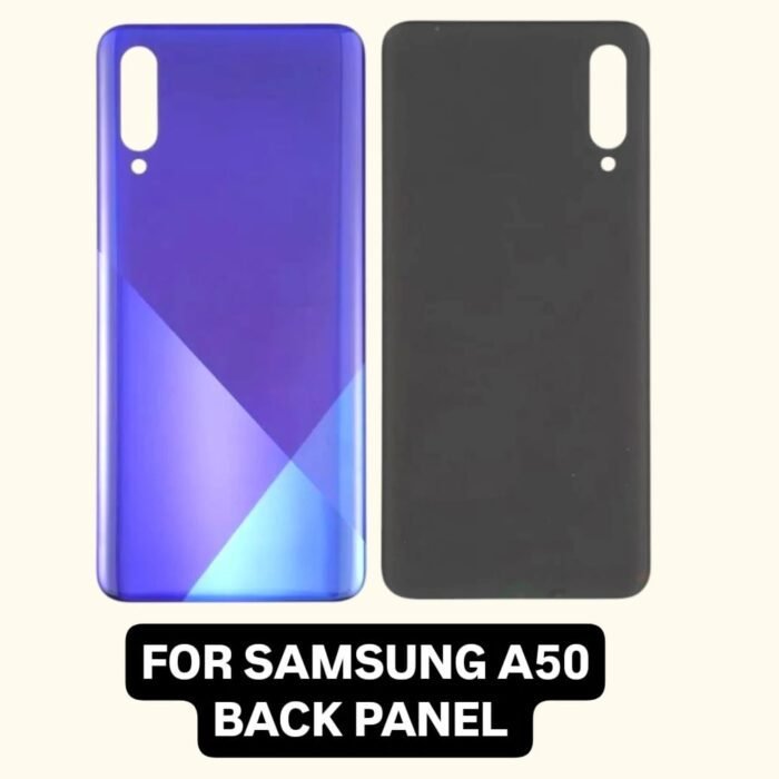 Displayed against a light backdrop are two Samsung A50 back panels. The left glistens in glossy blue with a geometric pattern, while the right boasts a sleek matte black finish. Each panel is precision-designed with camera cutouts, perfectly tailored for your Samsung A50.