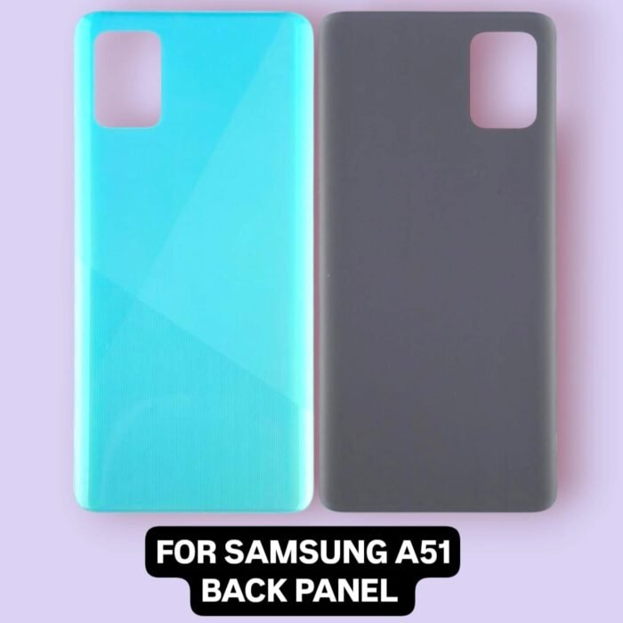 Two Samsung A51 back panels are showcased against a light purple backdrop, featuring one in turquoise and the other in gray. Below them, the text reads "FOR SAMSUNG A51 BACK PANEL," perfectly highlighting elegance and style.