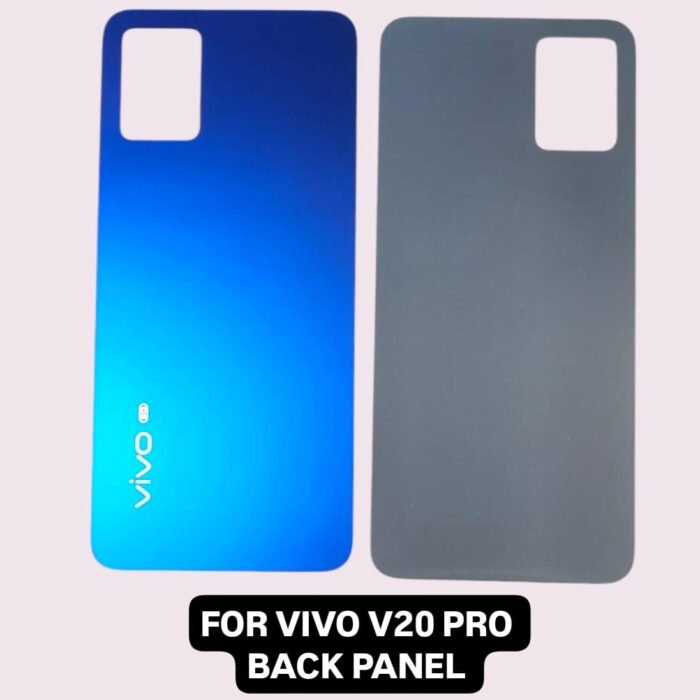 Two back panels for a Vivo V20 Pro phone are side by side. The left glows in vibrant blue , while the right is a sleek gray. A text label FOR VIVO V20 PRO BACK PANEL at the bottom, emphasizing their tailored fit.