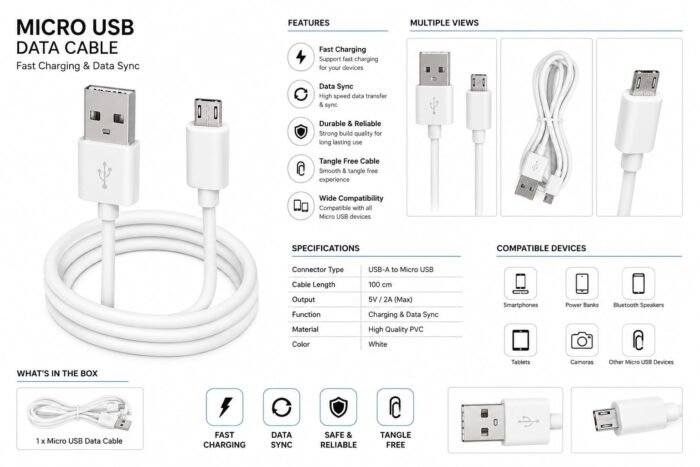Data Cable White Cable V8 Impoted (20 Pcs)